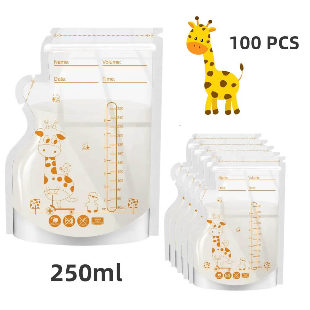 PE 기린 모유 보관 가방, 250ML 팩당 30개/60개, 프리스틱 라벨, BPA 프리, 누출 방지,