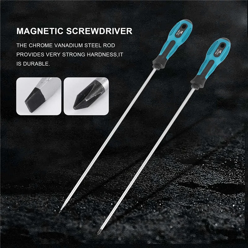 Flat Blade Screwdriver com borracha Handle, Long Slotted e Phillips Screwdriver, magnético, 12 in, 2 Packs