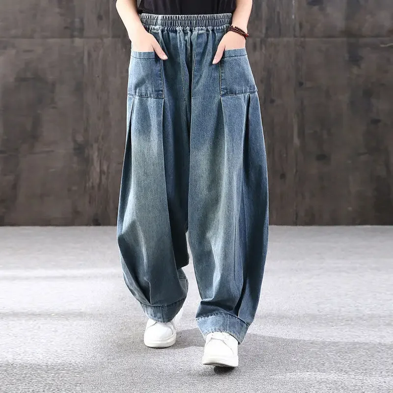 Luźna modna w stylu Vintage na co dzień z kieszeniami zapinane na guziki szarawary z elastyczną talią jednokolorowa odzież sportowa przystojnej odzieży damskiej plisowanej