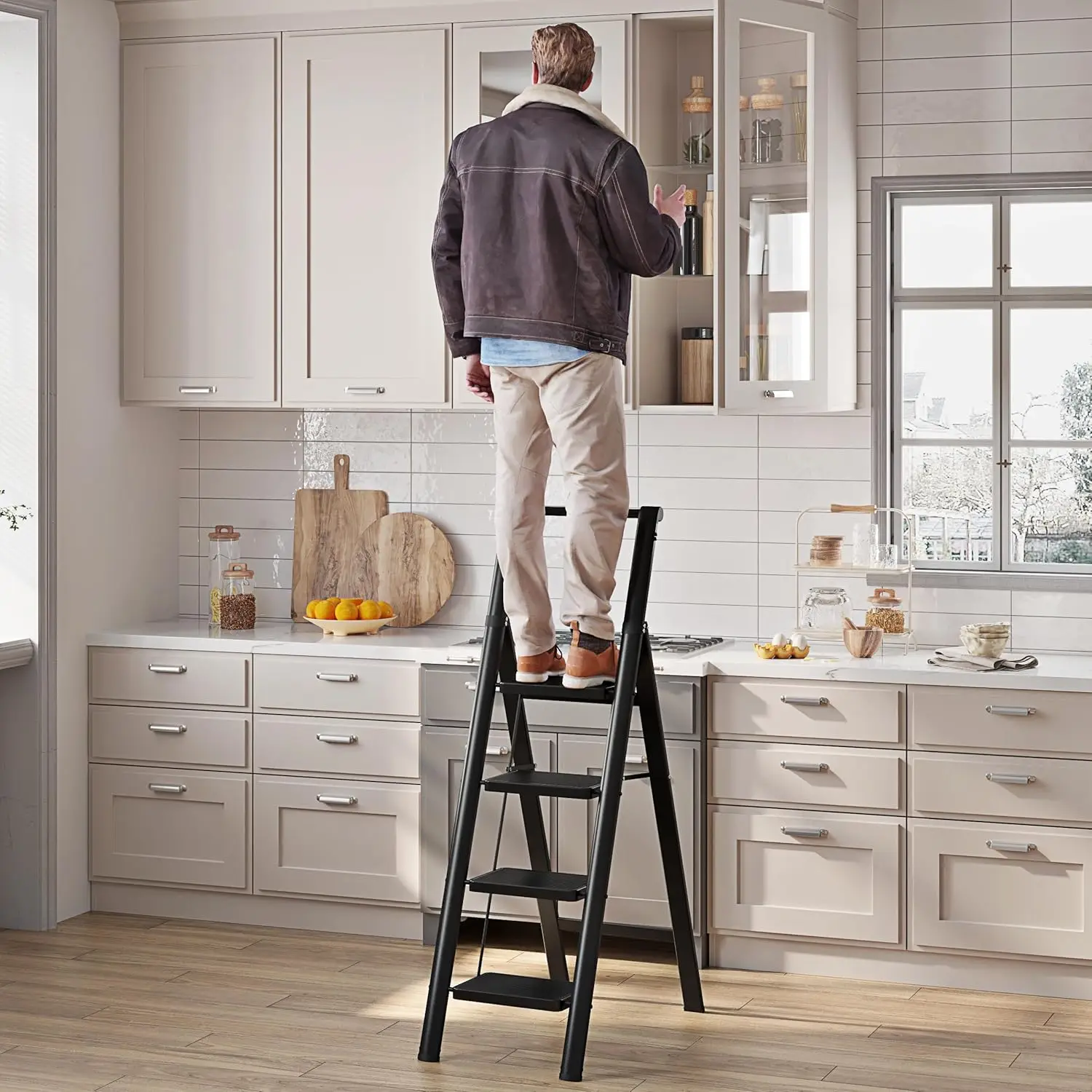 4-stufiger Trittleiter Klappbar, mit Handlauf Haushaltsleiter, widener, rutschfester Stufen, multifunktionaler Ladder, tragbar