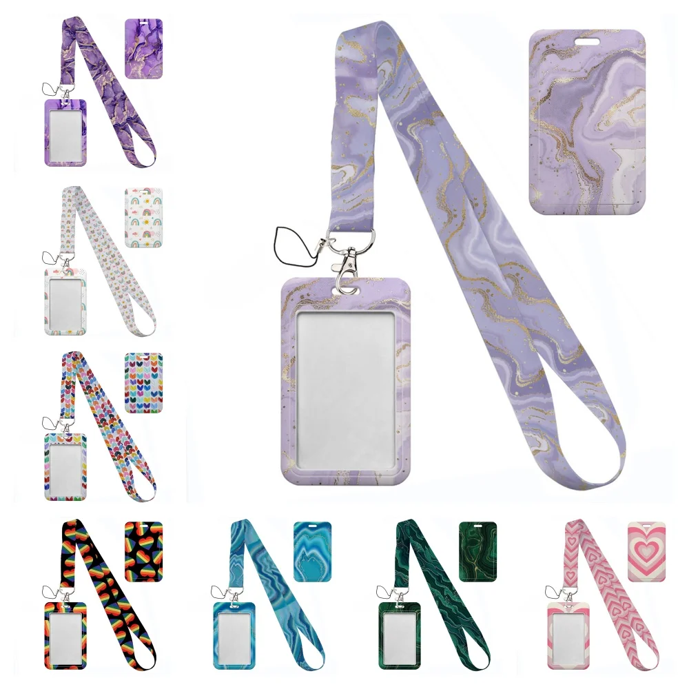 Simple marble heart rainbow card holder Lovely hanging rope  ID pass hang accessories holder lanyard Student  Bus passr Case