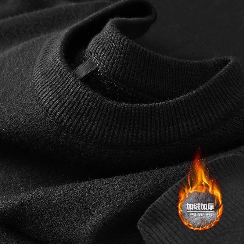 Suéter de punto de felpa para hombre, jersey de cuello alto con relleno de terciopelo, jerséis sólidos cálidos, suéter informal con cuello redondo y parte inferior gruesa para otoño e invierno