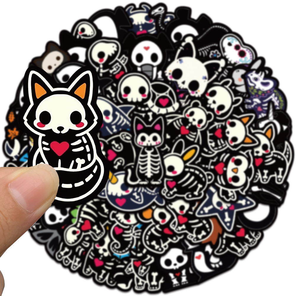 50pcs Cute Cartoon Animals Skeleton Skull Stickers for Laptop Water Bottle Luggage Notebook Waterproof Graffiti Vinyl Decals