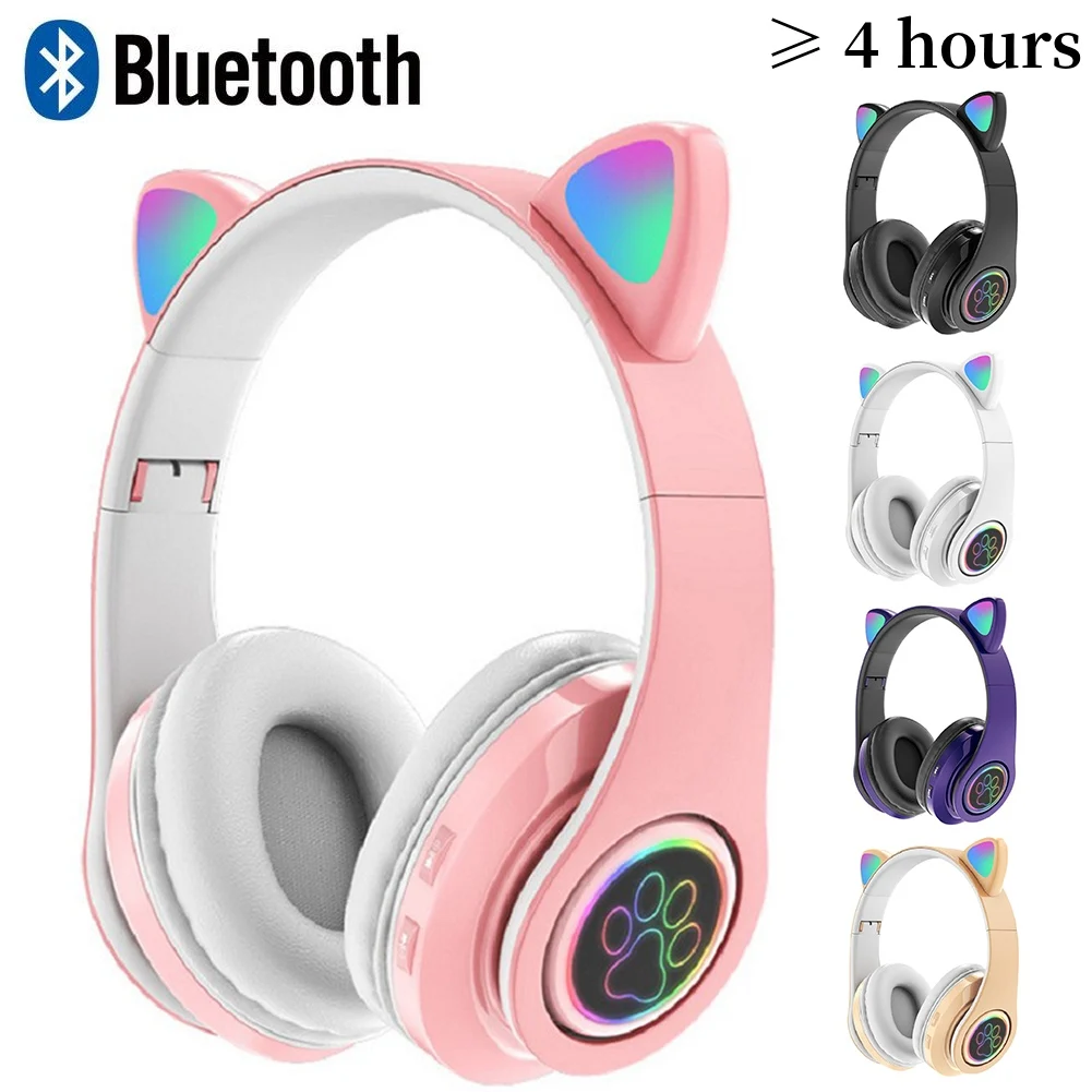 Latarka urocze kocie uszy bezprzewodowa kontrola słuchawki z mikrofonem LED dziecko dziewczynka muzyka Stereo kask zestaw słuchawkowy z Bluetooth do telefonu prezent