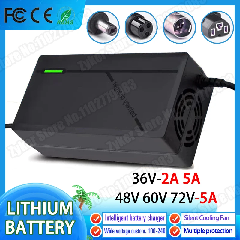 Cargador de batería de litio de 36V, 48V, 60V, 72V, 2A, 5A, 42, 54,6, 67,2, 84V, 10, 13, 16, 20S, inteligente, carga rápida, enchufe de la UE