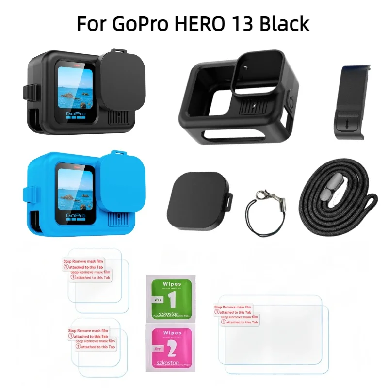 Funda protectora de silicona para GoPro Hero 13, Protector de pantalla de vidrio templado negro, cubierta de tapa de lente para accesorio Go Pro
