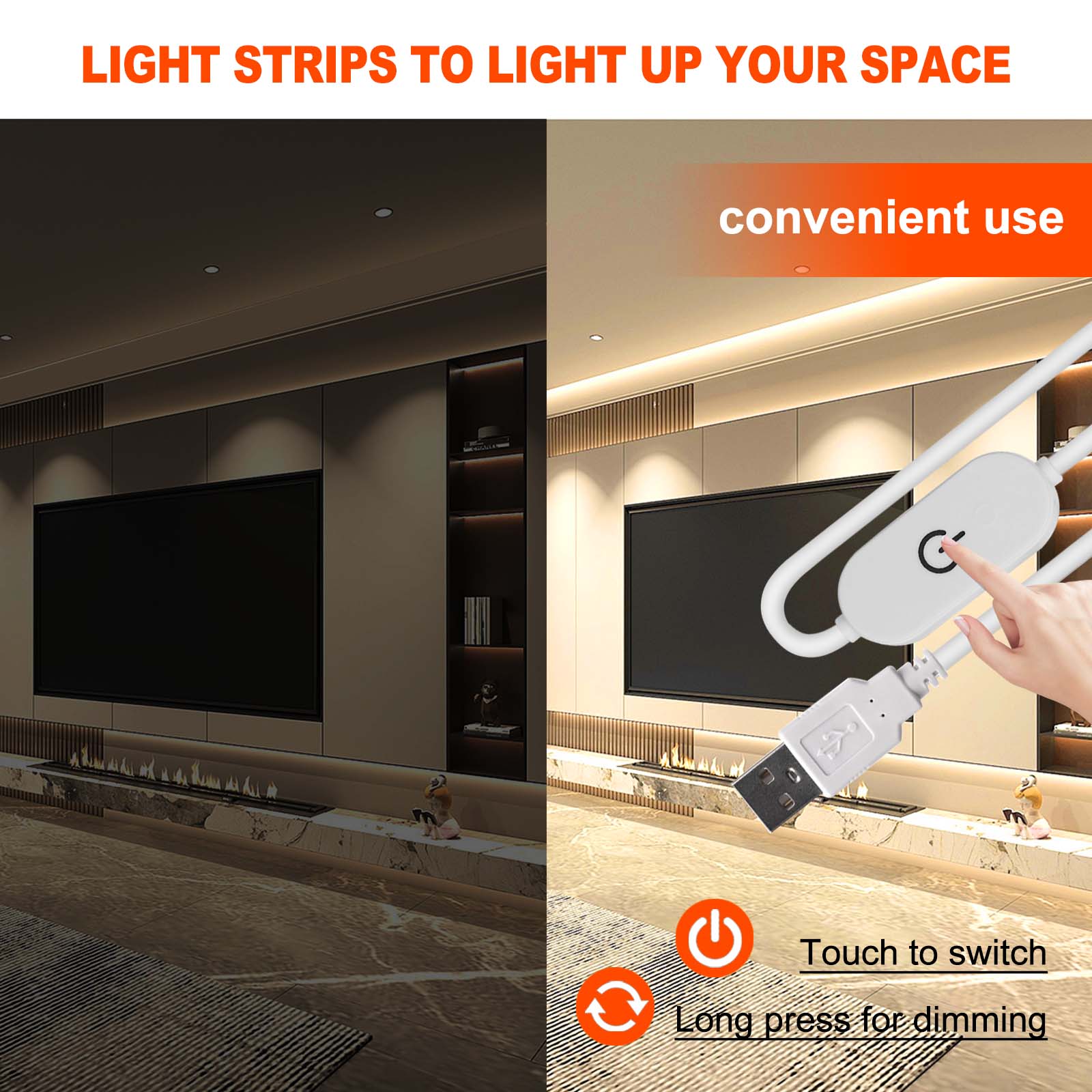 Bande lumineuse LED USB étanche, gradateur, interrupteur, blanc, bleu chaud, ruban adhésif, armoire, pièce, veilleuse, 1m, 3m, 5m, 5V, 2835, 60