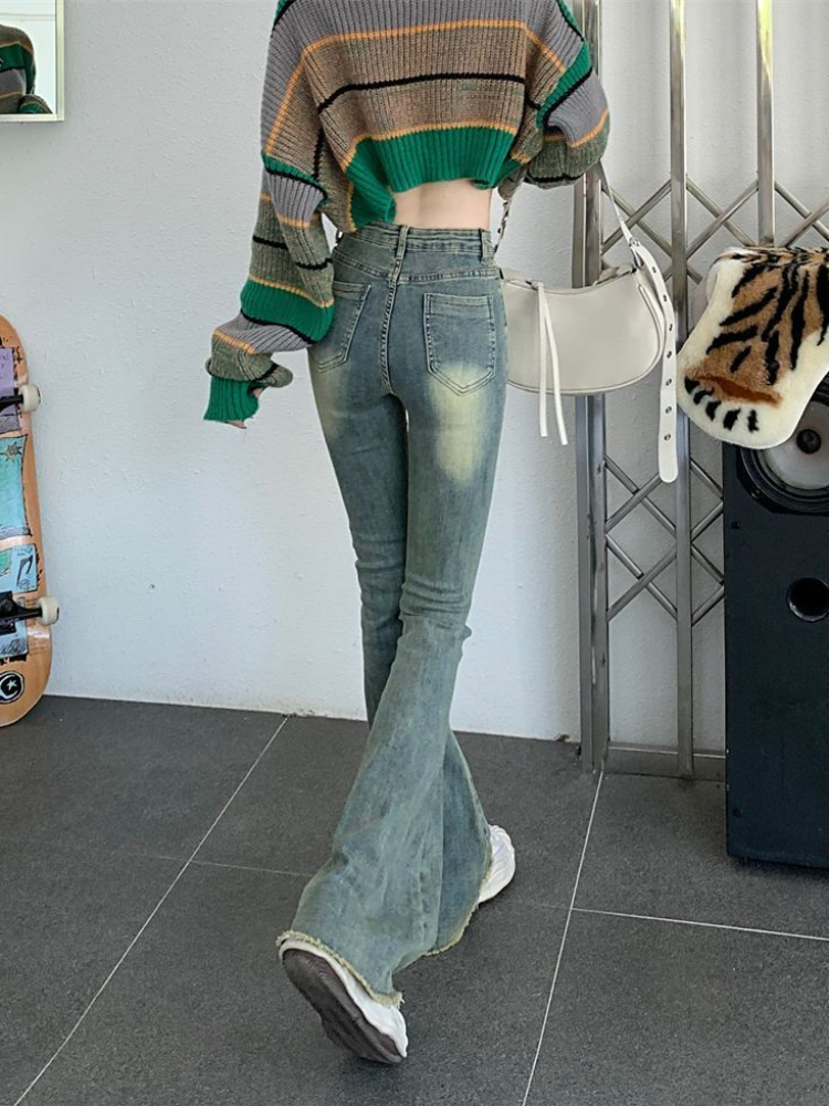 女性のフレアハイウエストジーンズ,スキニーパンツ,ヴィンテージのウォッシュドジーンズ,レトロな韓国のファッション,ストリート,2k
