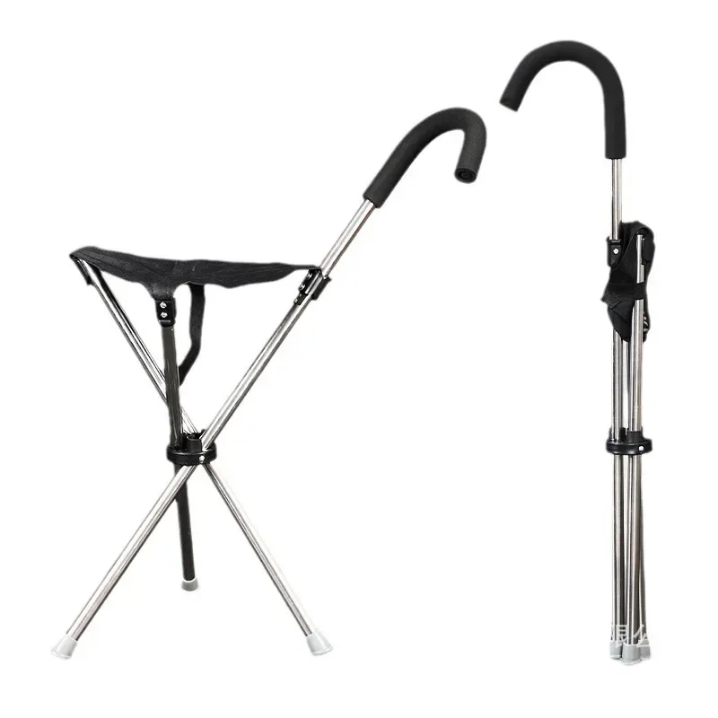 Silla con muleta plegable portátil para exteriores, taburete con muleta para caminar para personas mayores, sillas ligeras para escalar en montaña y playa, bastón para caminar