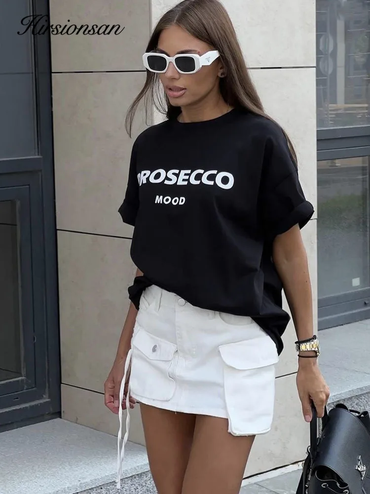 Hirsionsan 綿 100% レタープリント Tシャツ女性 2024 夏の新ベーシックヴィンテージ Tシャツカジュアルルーズシックな O ネック女性カップルトップス