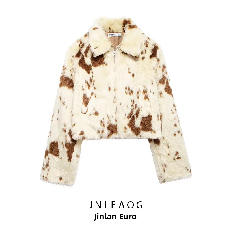 Jaqueta de Design de Moda Fena Nova JNLEAOG com Efeito de Pele Artificial, Casaco de Poliéster com Manga Longa e Zíper, R...