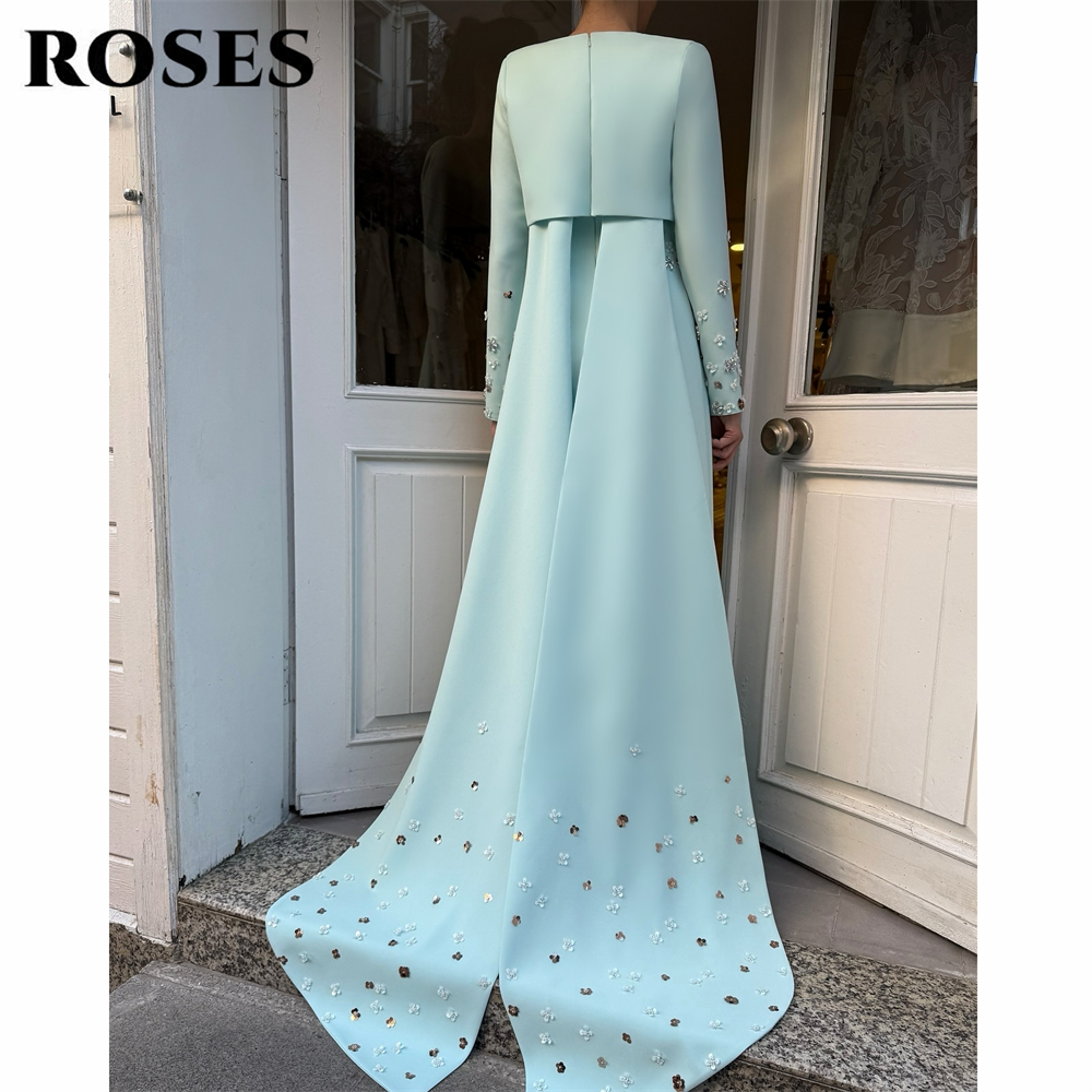 ROSES Light Blue Evening Dresses O-Neck Satin Trailing Prom Dress with Embellished Waist and Embellished Long Sleeves Customized