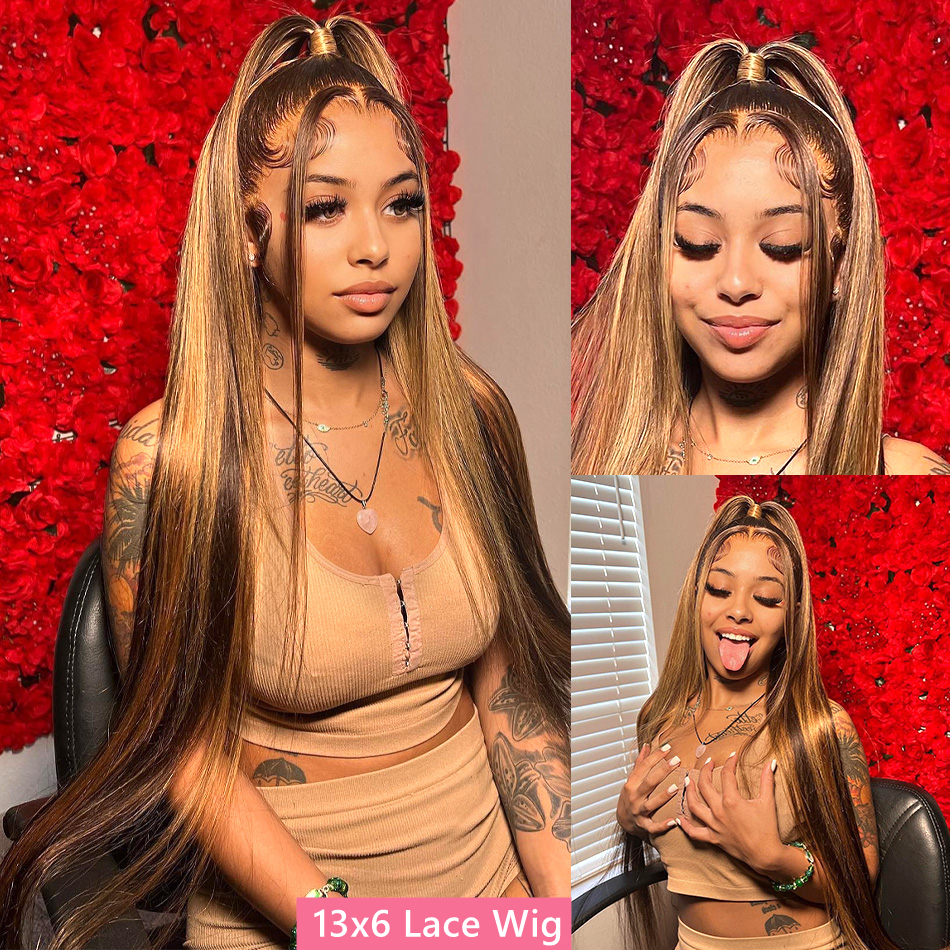 女性用ハイライト付きハニーブロンドウィッグ,滑らかな人間の髪の毛,13x6,13x4, HD, 100%