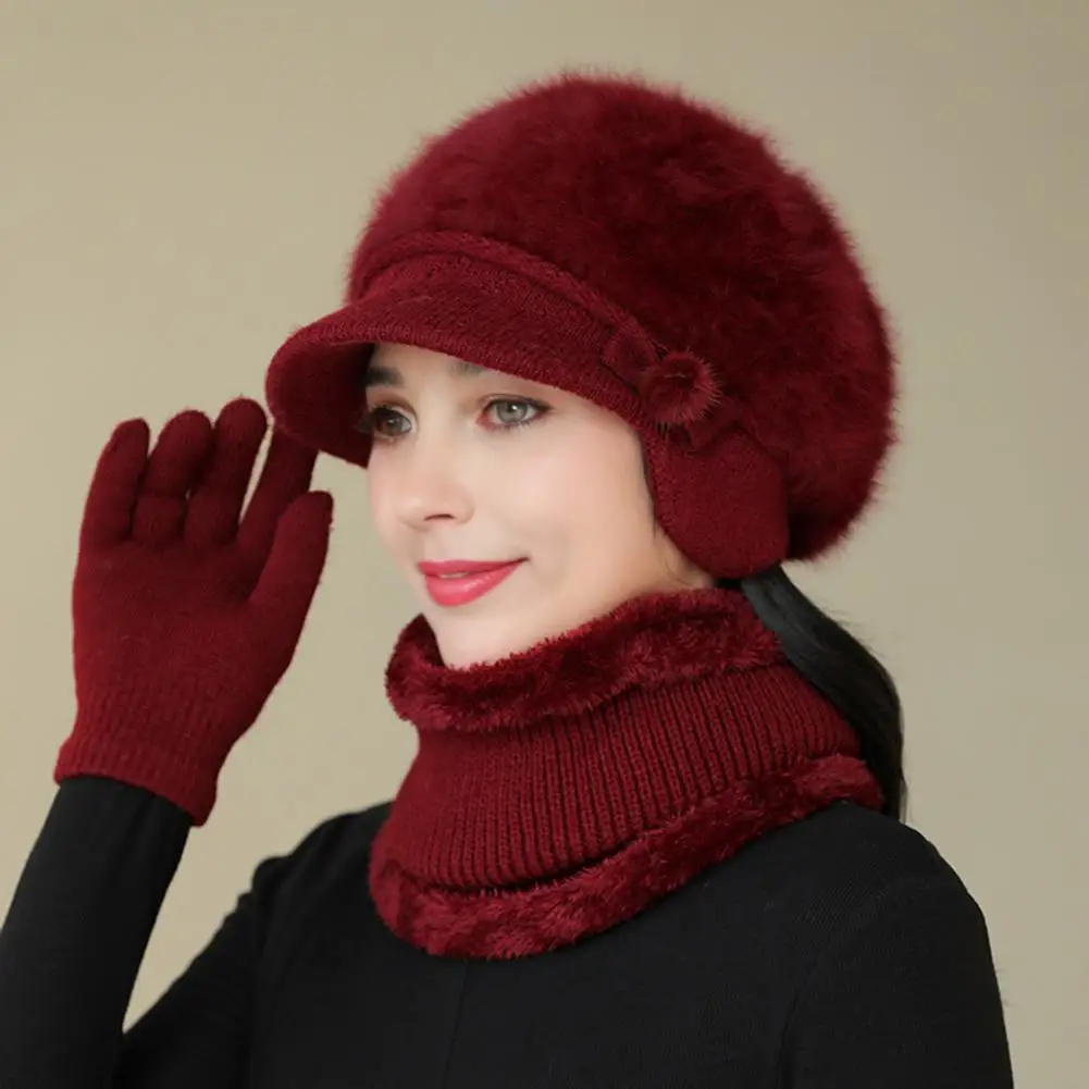 3 pçs/set feminino inverno gorro cachecol luvas conjunto grosso malha boné luvas elástico à prova de vento inverno cúpula chapéu pescoço envoltório conjunto