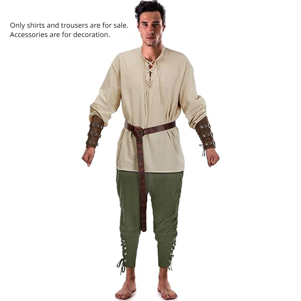 Conjunto de fantasia de cavaleiro medieval masculino, 2 peças, cosplay renascentista, camisas de pirata, calças com faixa no tornozelo para halloween, tecido de linho de algodão