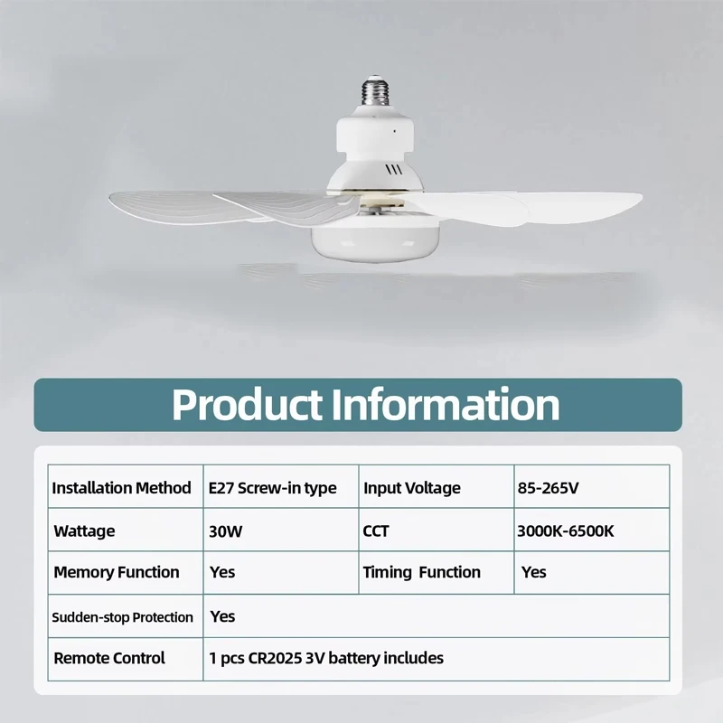 LED 30W Ceiling Fan Light E27 with Remote Control Dimmer for Living Room, Study Room and Home Use, Bulb Voltage 85-265V