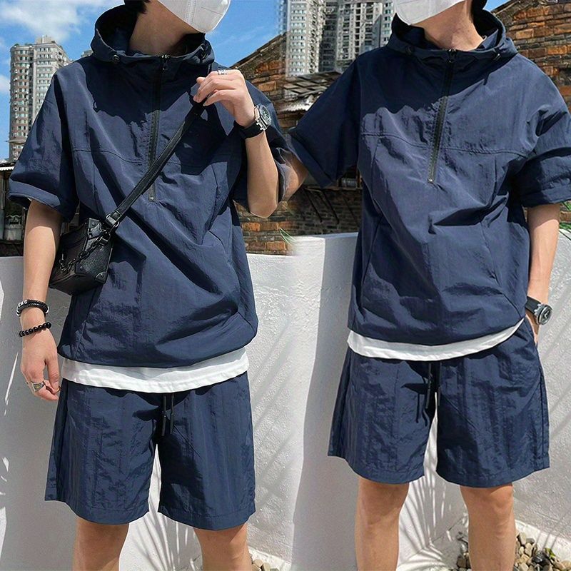 Conjunto de Roupas de Trabalho Masculinas de Verão Casual com Cseta de Manga Curta e Capuz para Esportes ao Ar Livre, Esti...