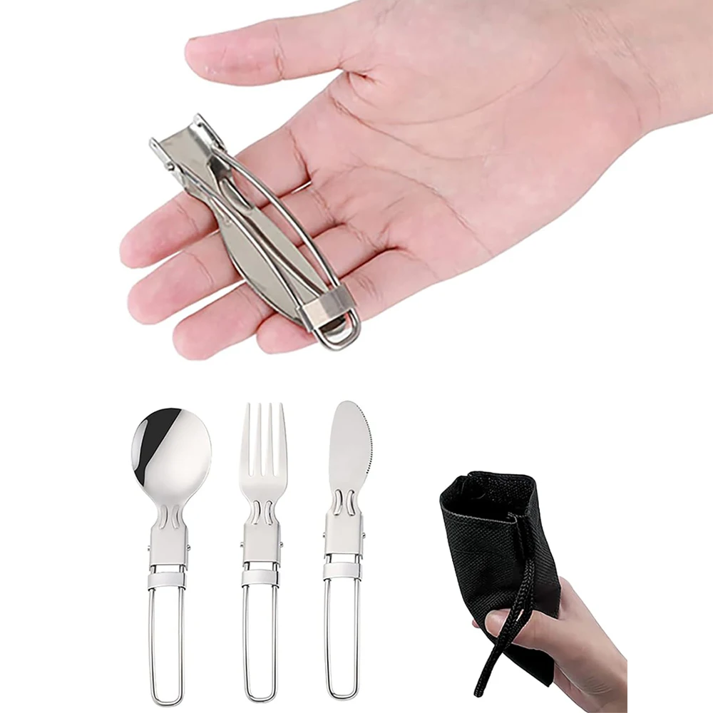 Set di posate da campeggio Accessorio da cucina in acciaio inossidabile Cucchiaio Forchetta Coltello con borsa in nylon Set di stoviglie pieghevoli