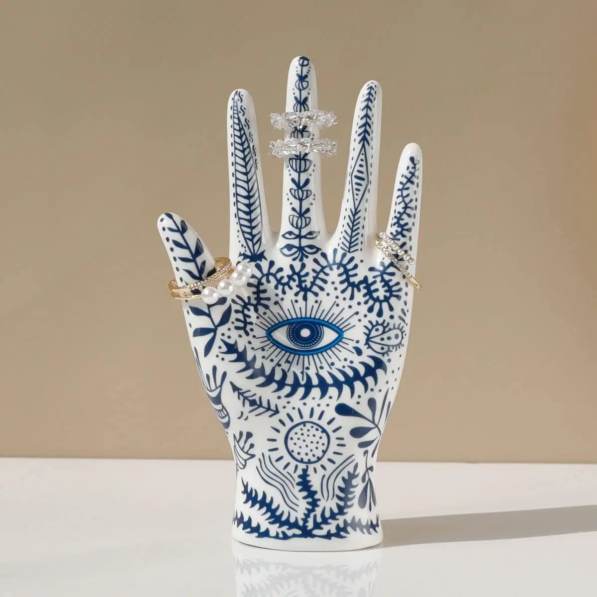 SIQIZHOU Devil's Eye of Fatima เครื่องประดับ Holde เซรามิค Mannequin Hand Stand ออกแบบมาสําหรับสร้อยคอ,สร้อยข้อมือ,แหวน