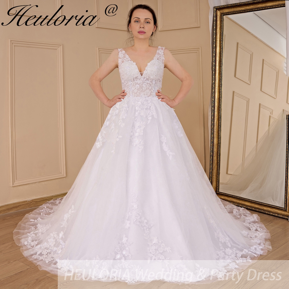 HEULORIA elegant wedding dress V neck lace applique A Line bridal dress Robe De Mariee Wedding Bride Dress