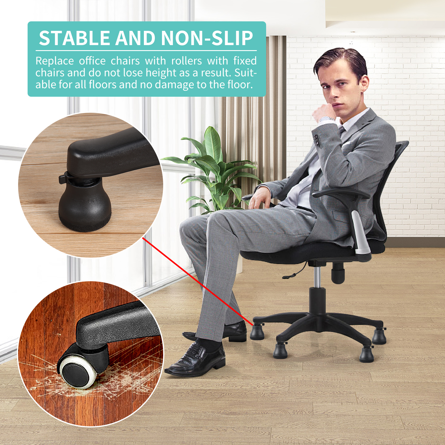 Roulettes pivotantes pour chaise de bureau, 5 pièces, roulettes fixes, cloches de remplacement, patins, pieds de chaise, bouchon de roue