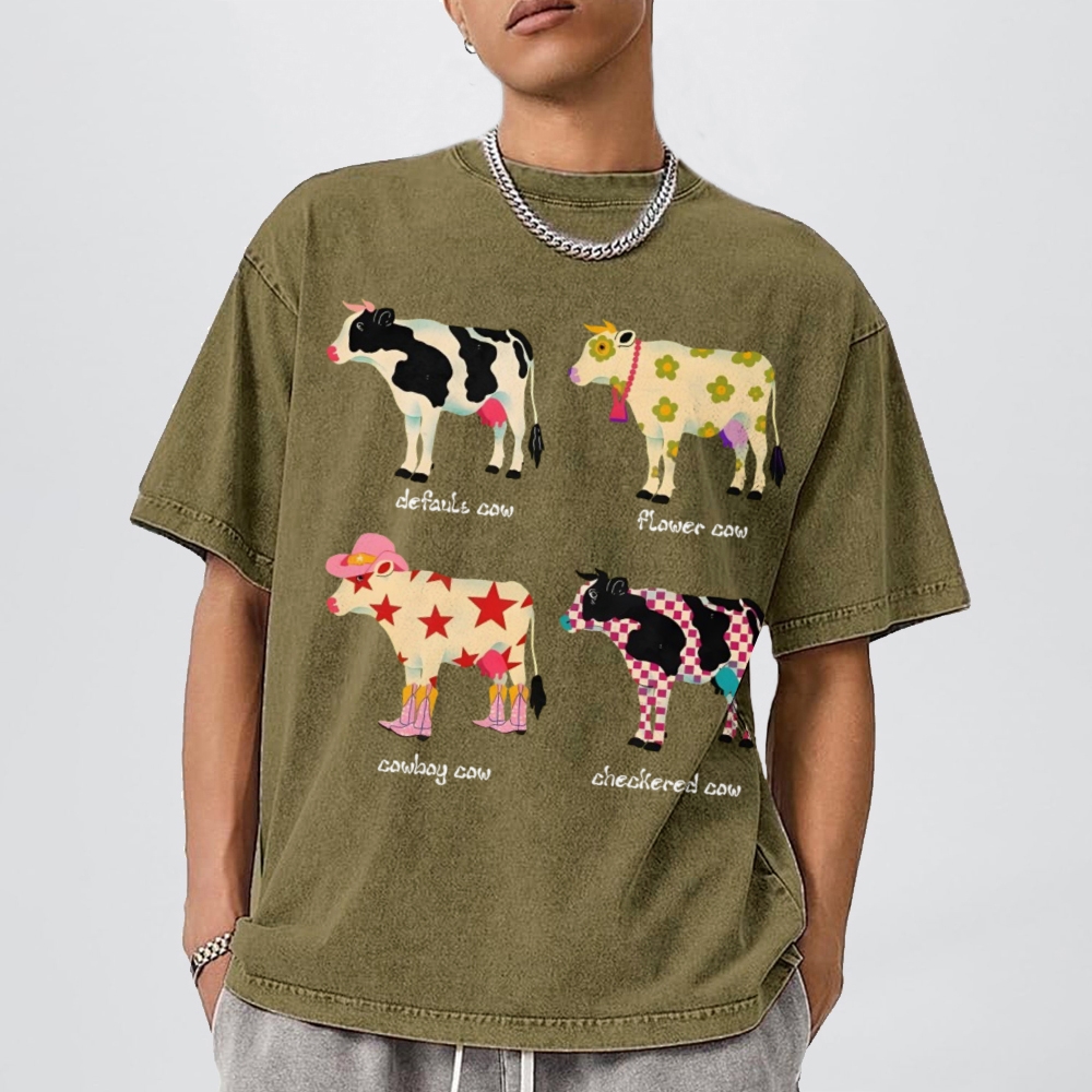 Camiseta con estampado de vaca de dibujos animados, algodón puro, hombros lavados, cuello redondo, estilo Neutral, tendencia de moda, nuevas mangas cortas de alta calidad