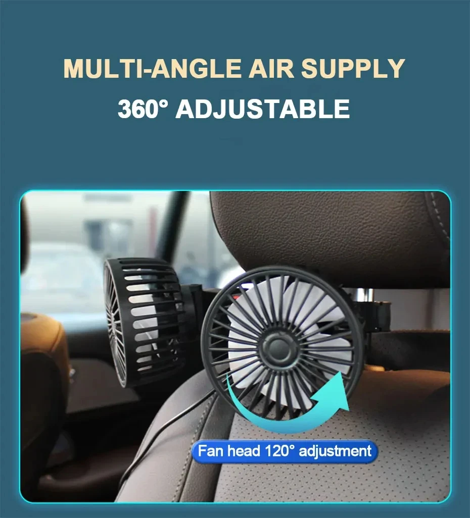 Ventilador de resfriamento traseiro de assento de carro de 3 velocidades, carga USB, cabeça dupla, rotação de 360 graus, refrigerador de pescoço para acessórios de carro de verão