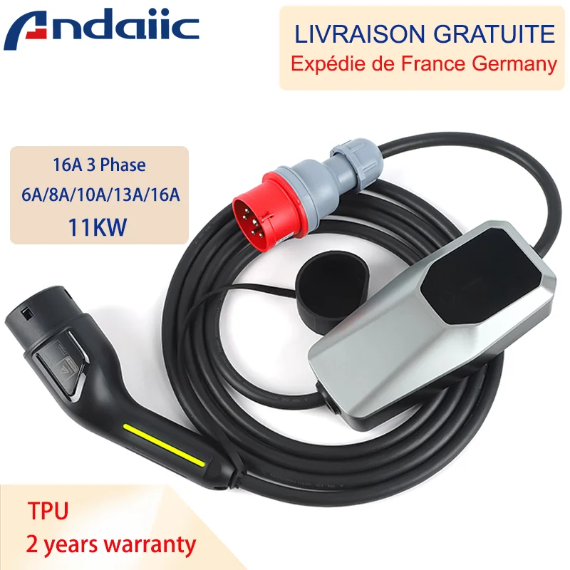 Cargador portátil EV tipo 2, 16A/32A, monofásico, trifásico, Cable de carga EVSE, modo 2 para coche eléctrico
