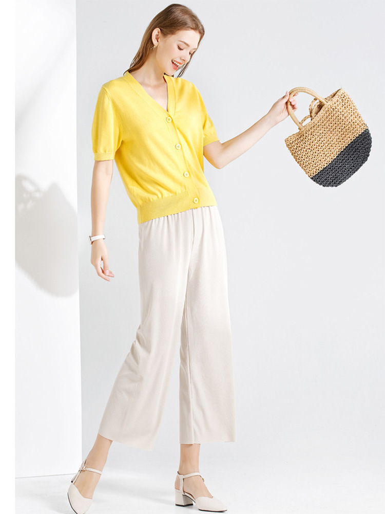 Vrouwen enkellange wijde pijpen broek casual zomer effen elastische taille losse ijszijde broek lente zomer vrouwelijke broek