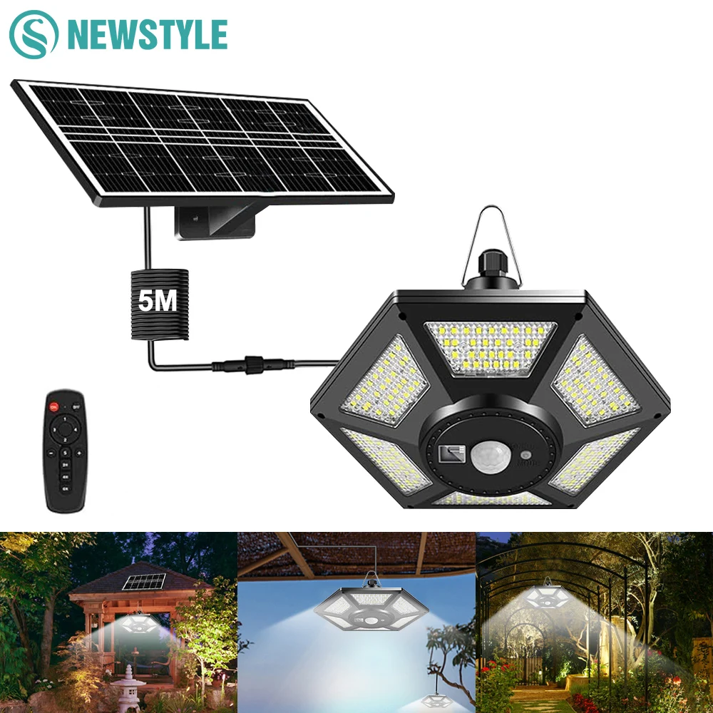 Solarna lampa szopy wewnętrzna na zewnątrz 228 Lampa wisząca LED z czujnikiem ruchu z pilotem Wodoodporna 5 trybów oświetlenia do stodoły Altana Yard