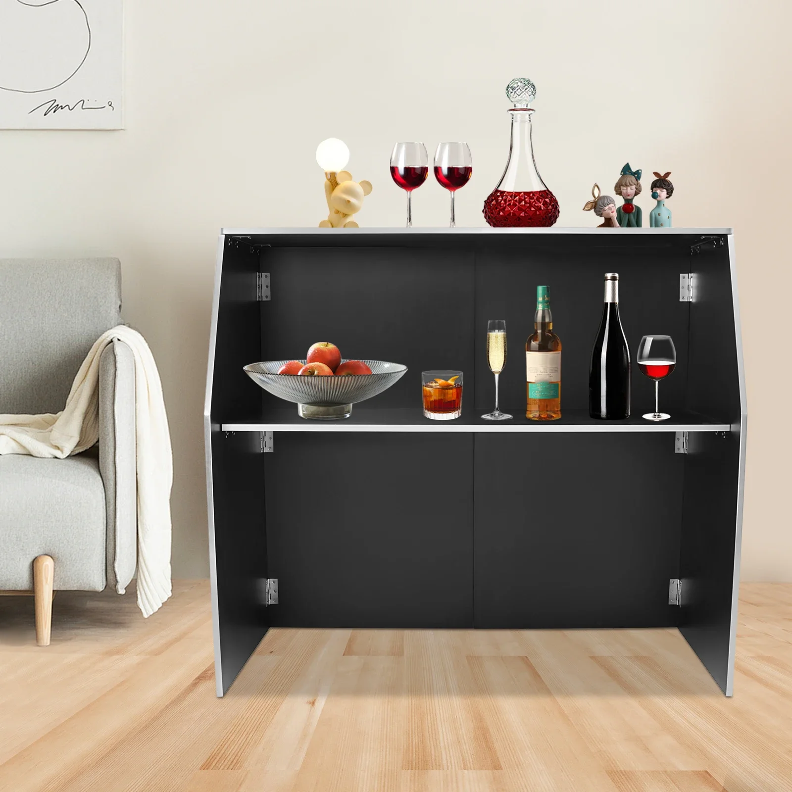 Folding Portable Event Bar with Top and Middle Shelves, Bartender Table Cabinet Station, Mobile Laminate for Parties and Events