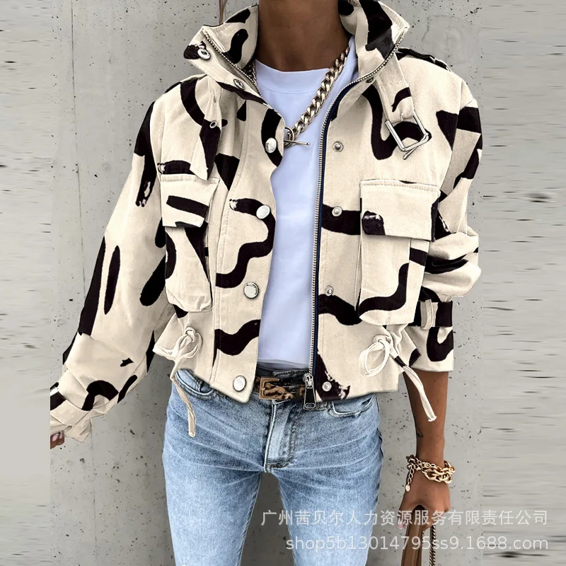 2023 Herbst Frauen geometrische Jacken Tops Vintage Print Langarm Knopf Jacke Mantel Damen Freizeit Oberbekleidung kurze Tops