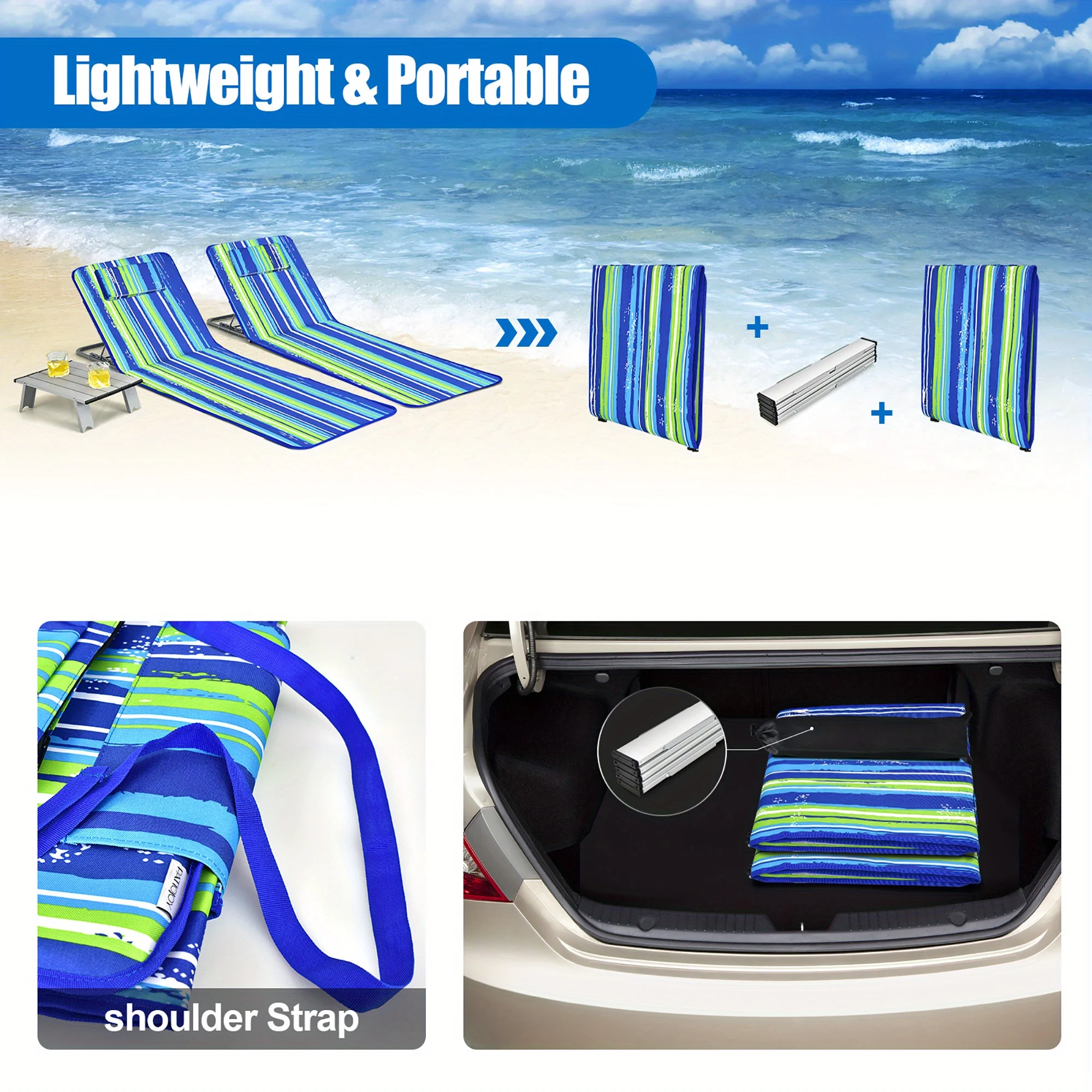 Ajustável Lounge Chair Mat Set, Estilo listrado para relaxamento final, Cadeiras com Sunbathing Table