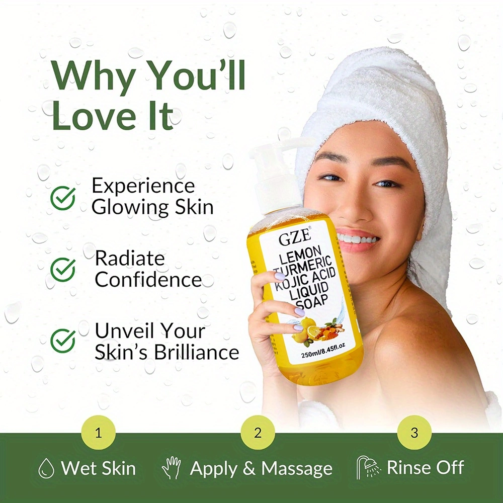 GZE Glow Lemon Kurkuma Kojisäure-Flüssigseife – Sanftes Peeling, aufhellender und nährender Hautreiniger mit Kurkuma