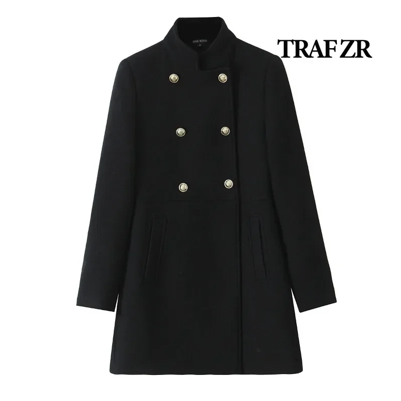 TRAF ZR Woolen Coat Fall Fashion Black Long Coat Elegant and Pretty Women's Coats American Retro Autumn Outerwear Urban Coats