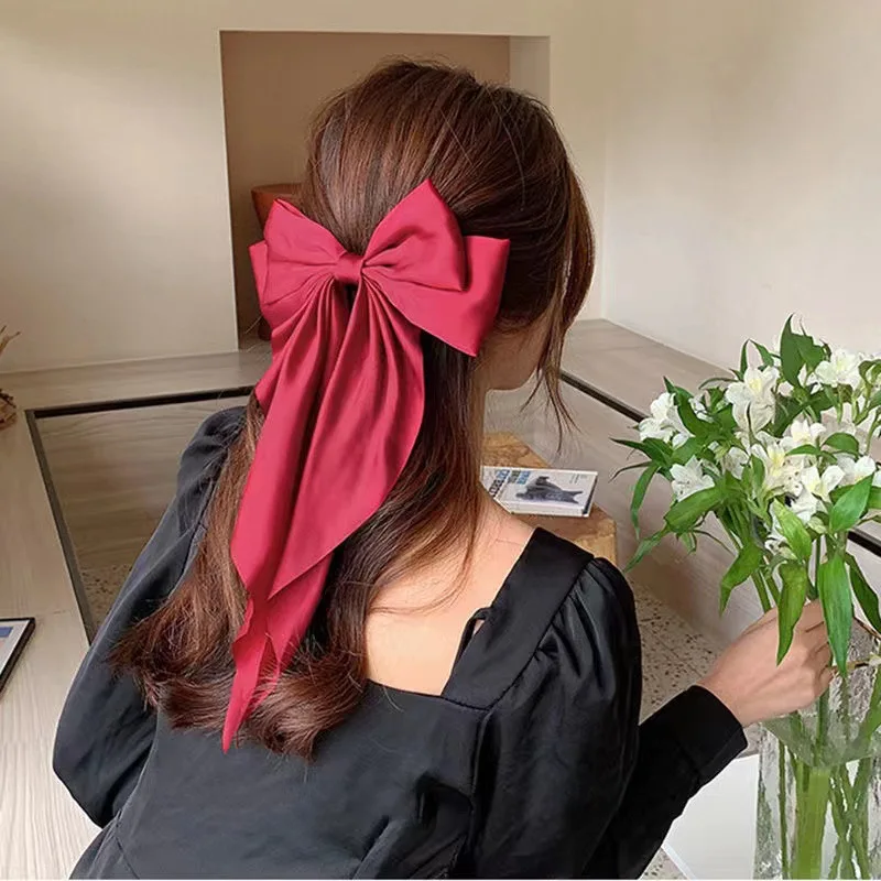 2023 新しい女性大弓ヘアピン夏シフォン大きなちょう結びステイン弓バレッタ女性無地ポニーテールクリップヘアアクセサリー
