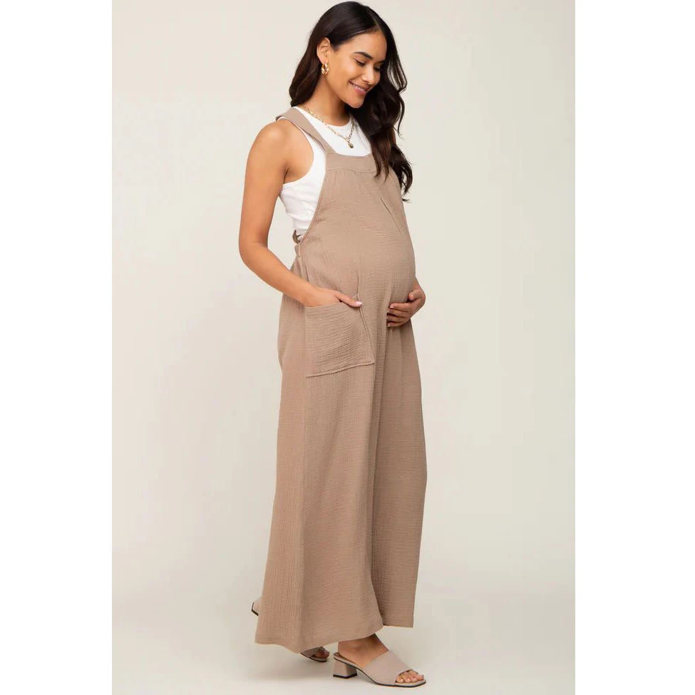 Ropa de maternidad en barbecho para mujeres embarazadas, ropa de verano Beige de pierna ancha, pantalones Cargo maternos con cordones, traje de pantalones para madres