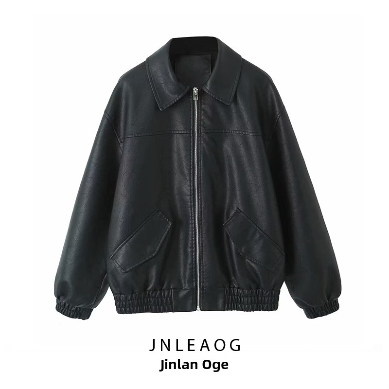 Jaqueta Fena de Couro PU do com Design Moderno e Corta-Vento JNLEAOG - Nova Coleção Outono, Ajuste Solto, Cor Sólida,...