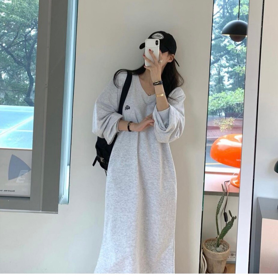 자수 스웨터 드레스 V넥 긴소매 자수 캐주얼 알파벳 브이넥 롱슬리브 스웨터 드레스 원피스 스웨터 드레스