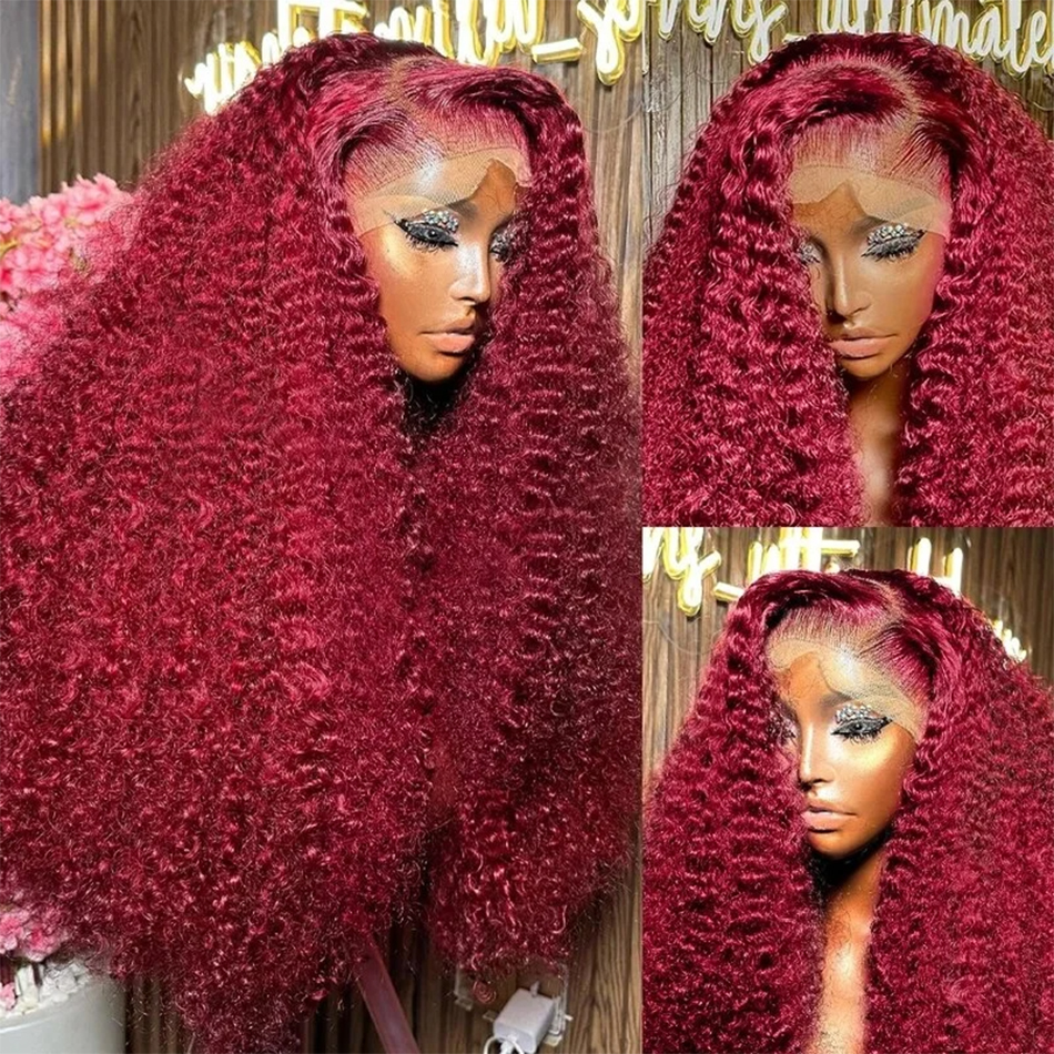 Perruque Lace Front Wig Naturelle Bouclée Rouge Bordeaux 99J, Cheveux Humains, Deep Wave, 13x6 HD