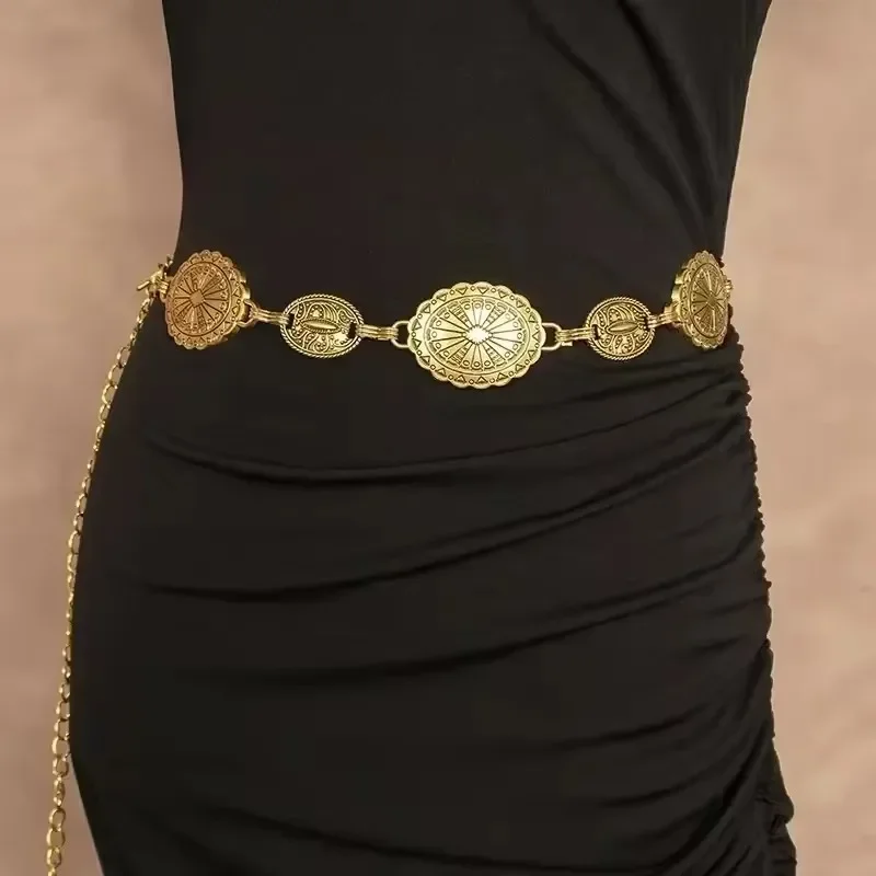 1 peça conjunto de acessórios de corrente de cintura para feminino retro boêmio estilo étnico high-end cinto de corrente de metal prateado com cinto de saia