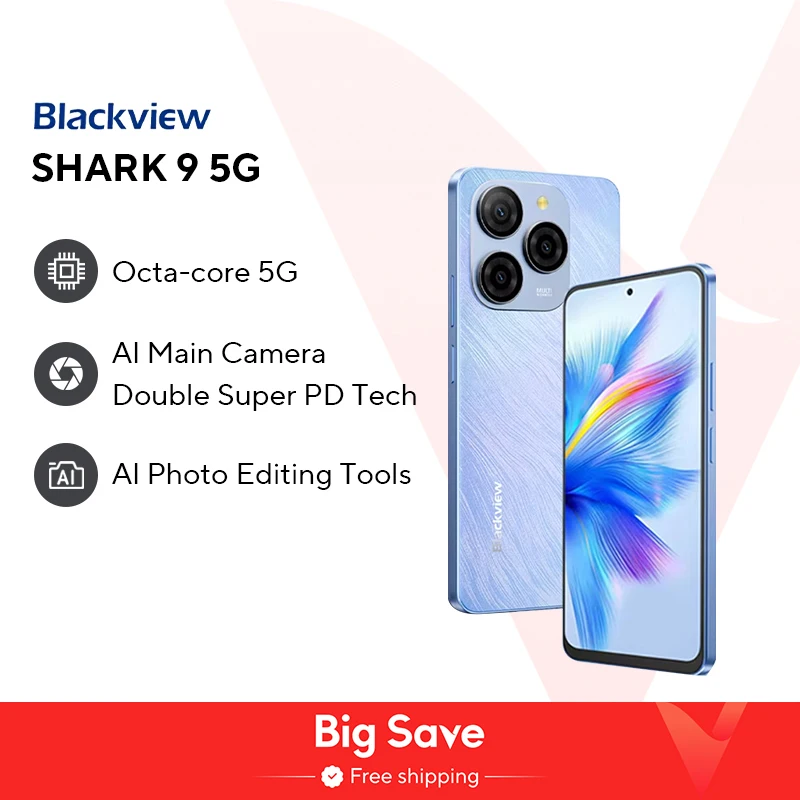 【World premiere】Blackview SHARK 9 5G Smartphone 6.67'' HD+ IPS 90Hz Display NFC 50MP AI Main Camera GPS Android 14 Mobile Phone