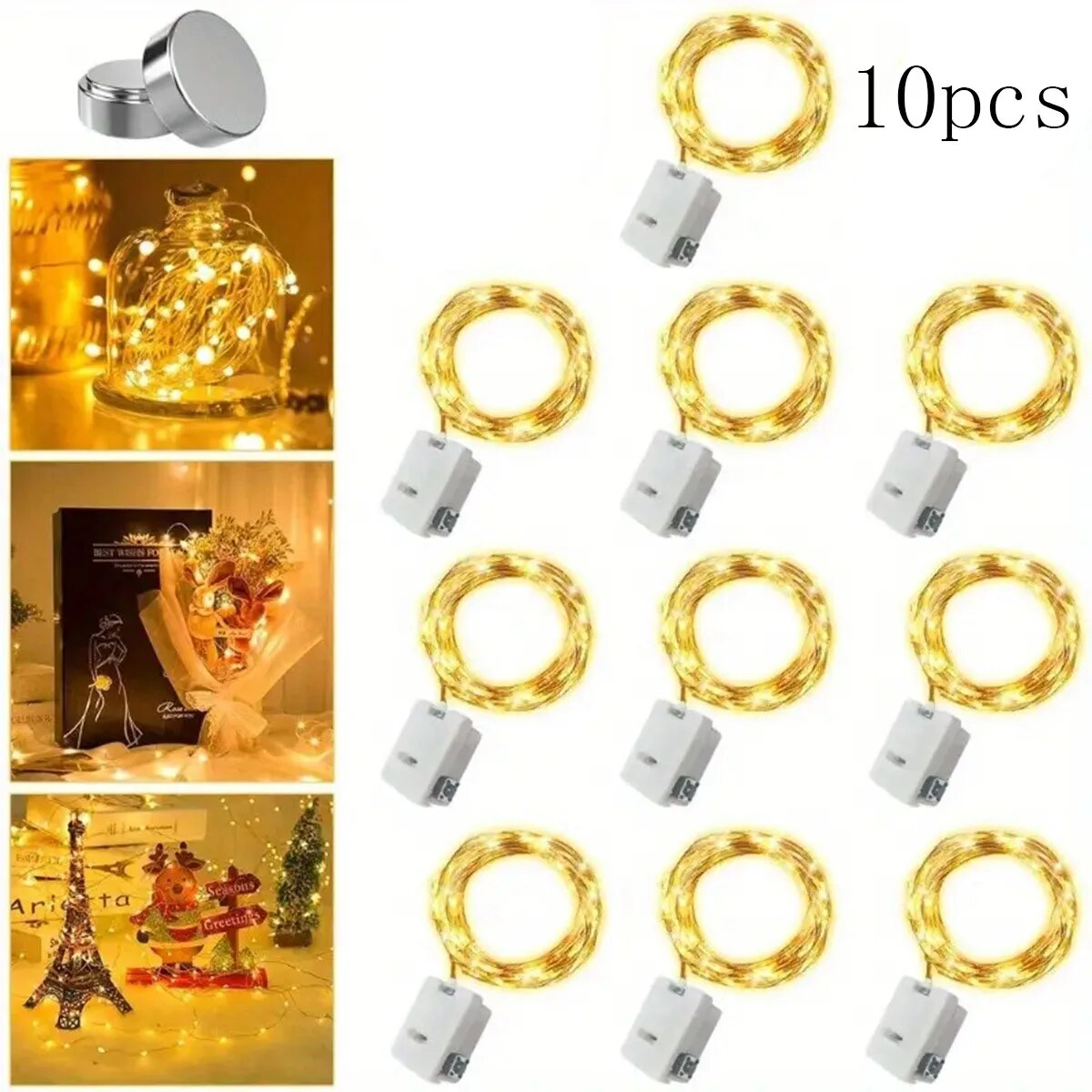 Tira de luces LED para decoración de Navidad, tira de luces de colores pequeños con batería, para exteriores, habitación, Festival, 10 piezas