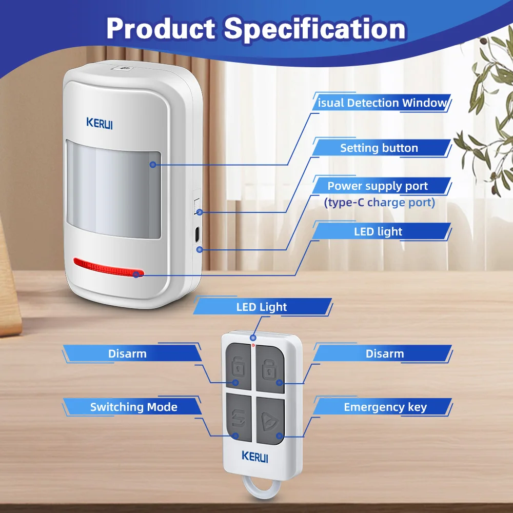 Kerui hw19 pir sensor de movimento detector alarme com som de alarme/timbre anel controle remoto para braço/desarmar sos para crianças mais velhas