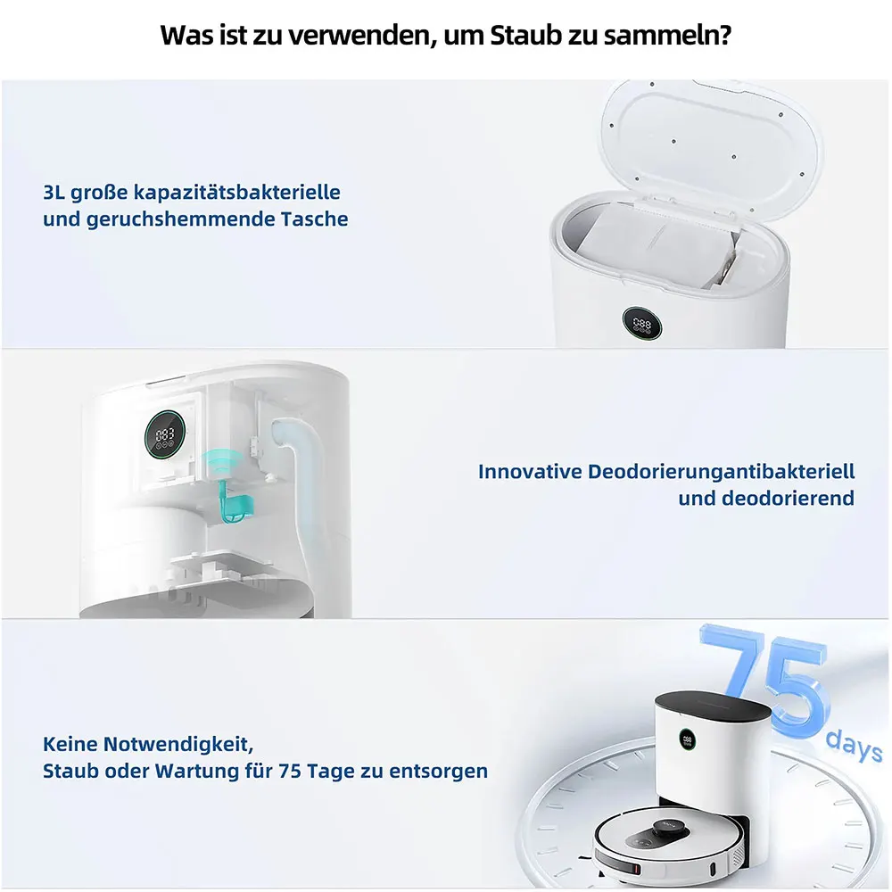 ROIDMI EVE MAX Roboterstaubsauger MOP Wischfunktion mit Auto-Saugstation 75 Tage, 5000 Pa, 250 Min. 3L App LDS Staubsaugerroboter