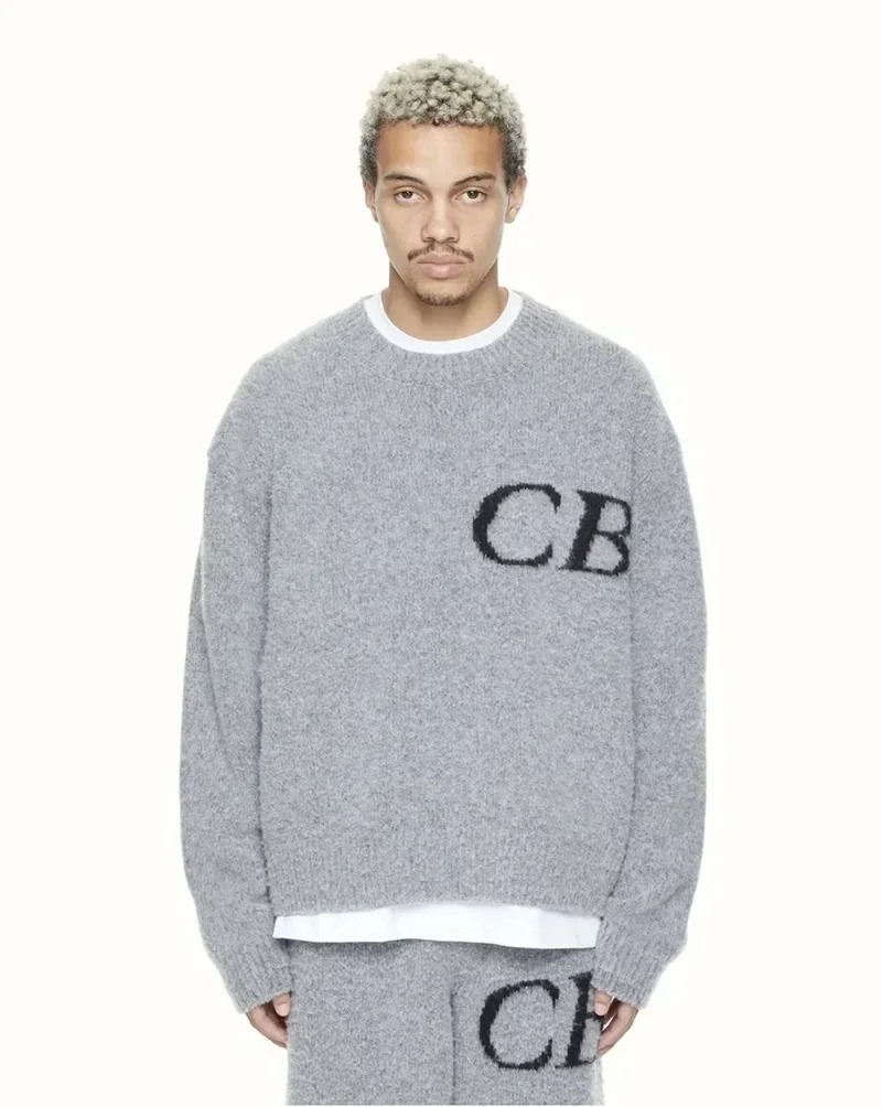 Suéteres con logotipo CB de gran tamaño 24ss, jerséis de punto con cuello redondo de Jacquard de alta calidad, suéter informal de algodón puro para hombres y mujeres
