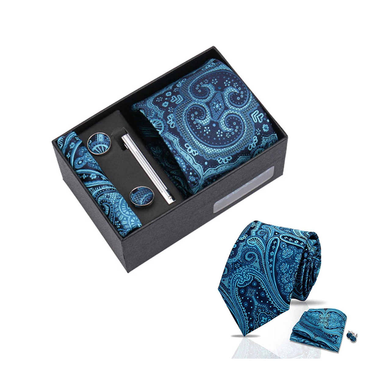 Krawatten-Set, Geschenk, modisch, neuer Stil, Krawatte, Einstecktücher, Manschettenknöpfe, Krawattenklammer, Krawattenbox, Herren, passend für Hochzeit, blaue Paisley-Boxen in Schwarz