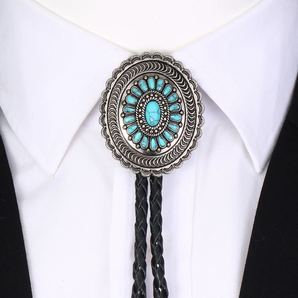 Corbata de bolo Poirot con flores turquesas talladas de vaqueros occidentales indios con cordón de cuero genuino Cheapify Dropshipping