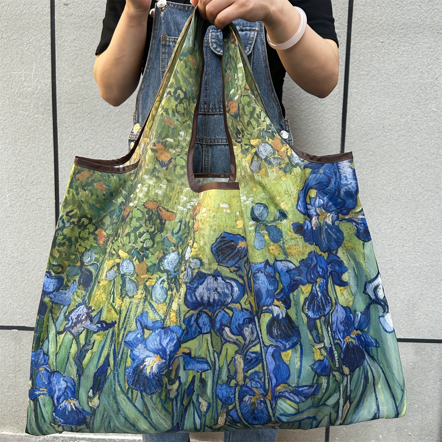 Chic Iris Flower Large Tote Bag Foldaway Convenience Nylon Shopping Bag with Shoulder Strap Lightweight Machine Washable