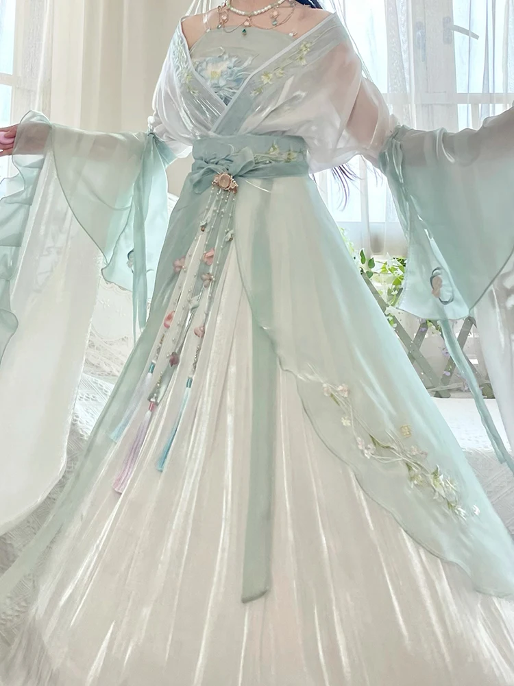 Hanfu 8 개/대 드레스 여성 고대 중국 전통 Hanfu 세트 여성 요정 코스프레 의상 복장 여름 Hanfu Ligiht Green
